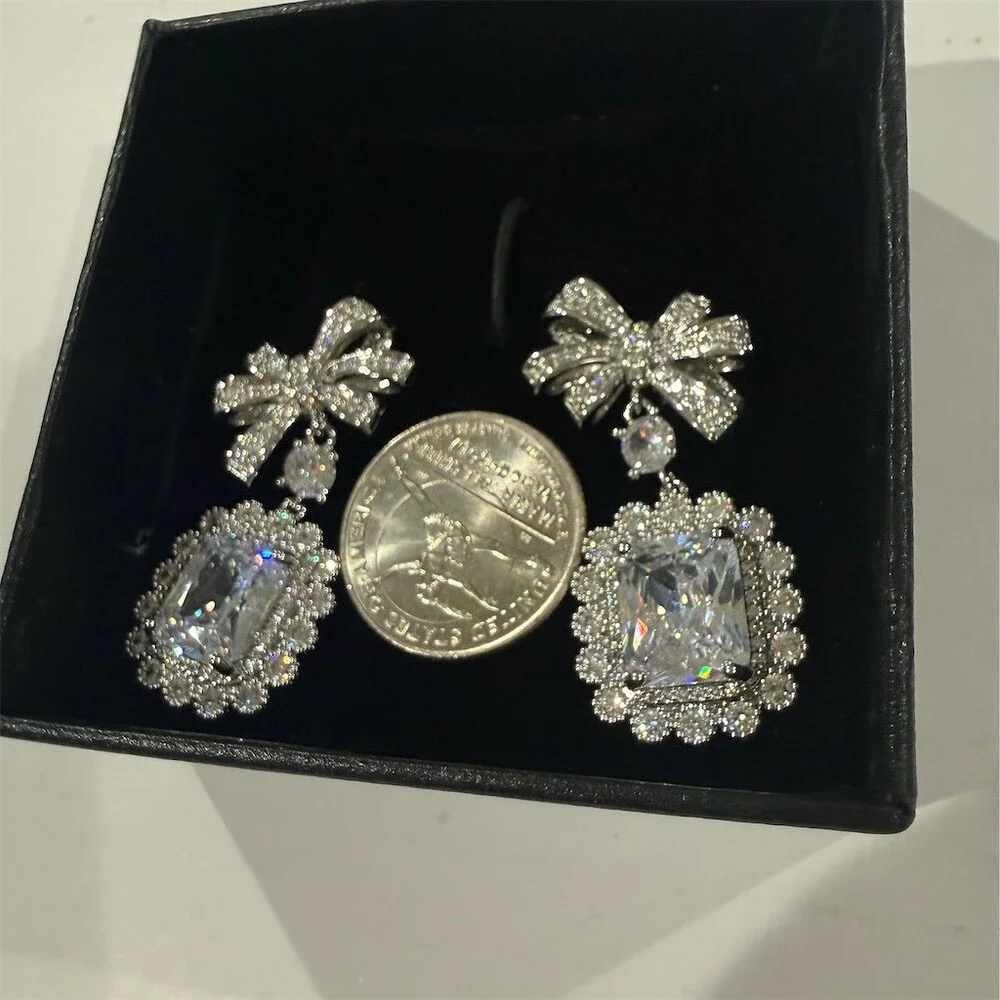 Gold Bow Drop Dangle Earrings CZ Halo Cut Crystal Bridal Statement sparkly bling
